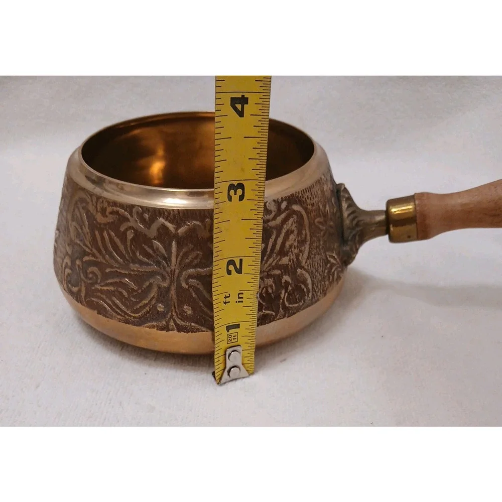 Exotic Copper Sauce Pot Wood Handle‎ Hammered Design Fondue Party Vintage Patina